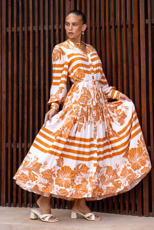 Tierra Rust Orange Tropical Maxi Dress