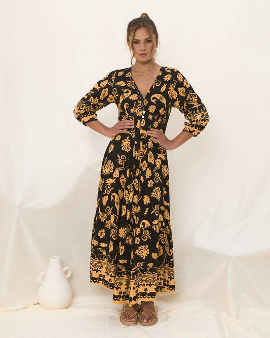 Delphine 黑色和金色抽象波西米亚长连衣裙