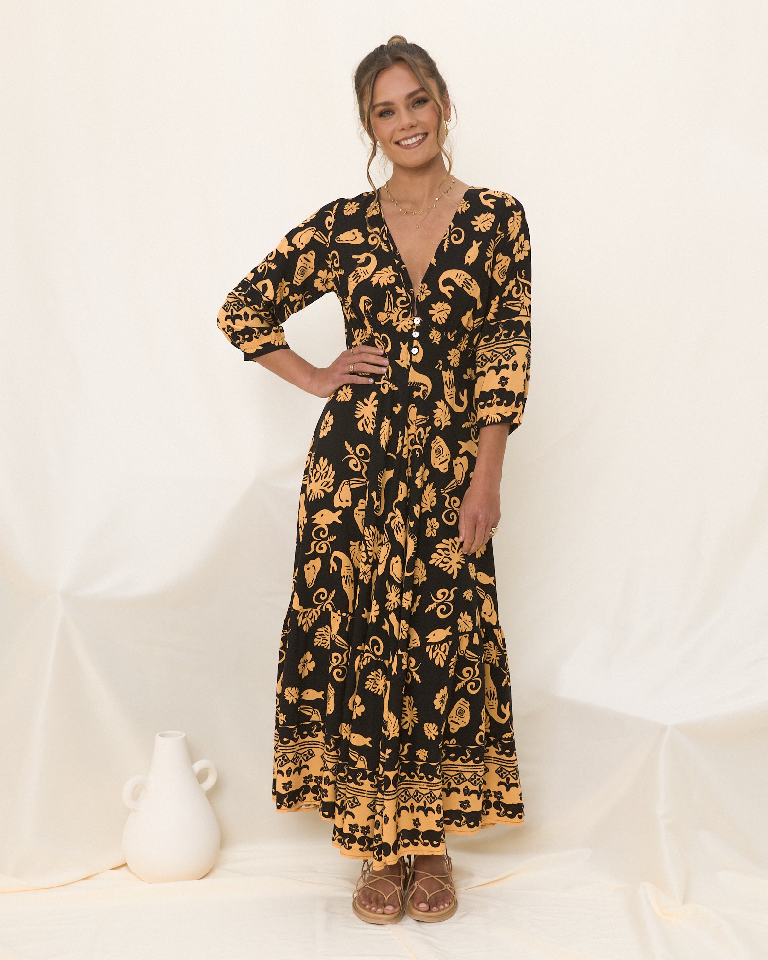 Delphine Black and Gold Abstract Boho Maxi Dress