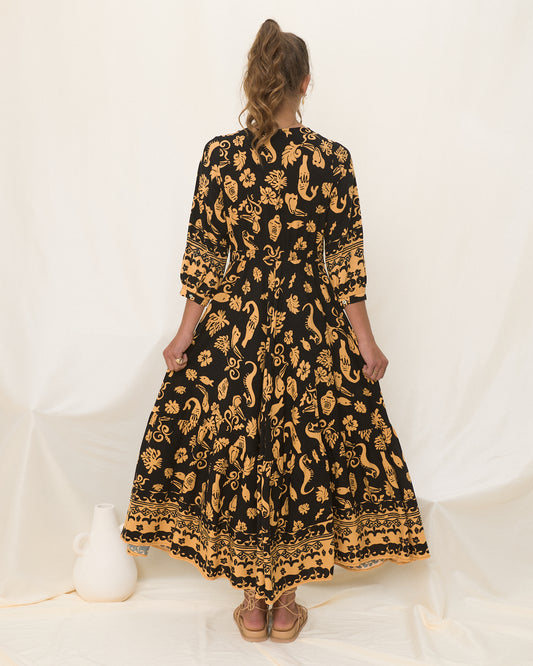Delphine Black and Gold Abstract Boho Maxi Dress