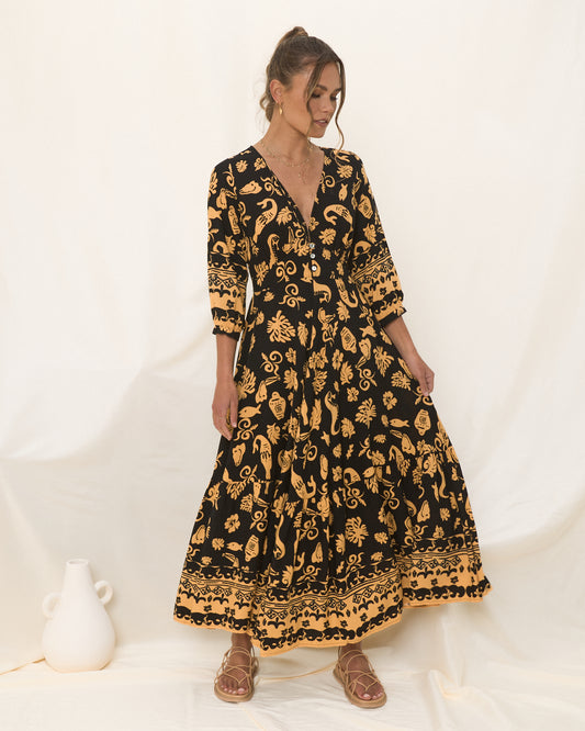 Delphine 黑色和金色抽象波西米亚长连衣裙
