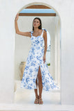 Rosette Blue Floral Tie Midi Dress
