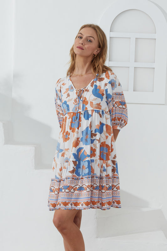 Sophia Orange Blue Floral Boho Mini Dress