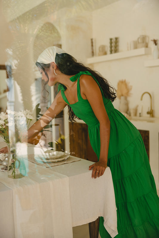 Genevie Emerald Green Tiered Tie Midi Dress