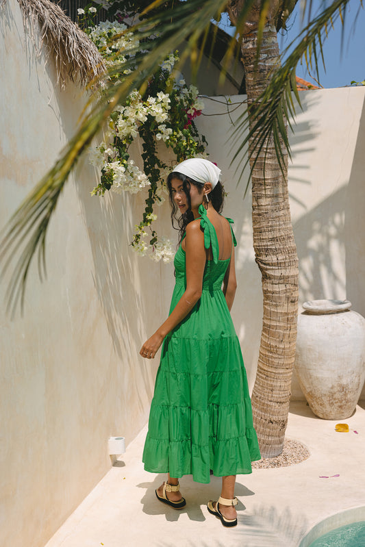 Genevie Emerald Green Tiered Tie Midi Dress