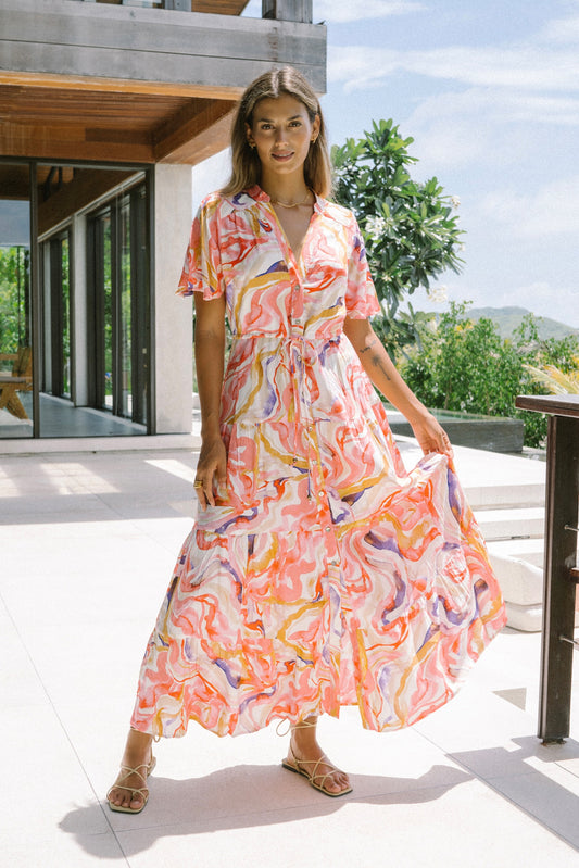 Mariella Pink Abstract Button Down Tiered Maxi Dress