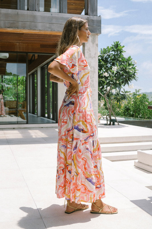 Mariella Pink Abstrak Button Down Maxi Dress Berjenjang