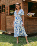 Camille Blue Floral Wrap Midi Dress