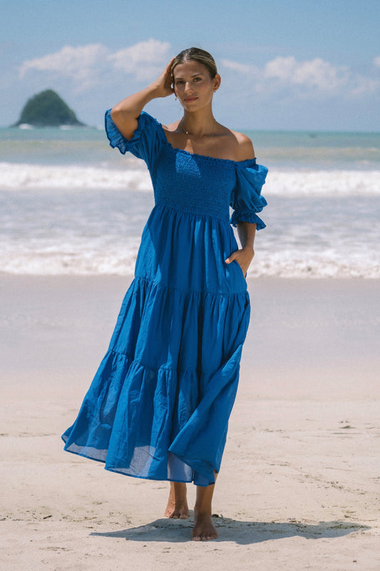 Gabrielle Blue Puff Sleeve Tiered Midi Dress