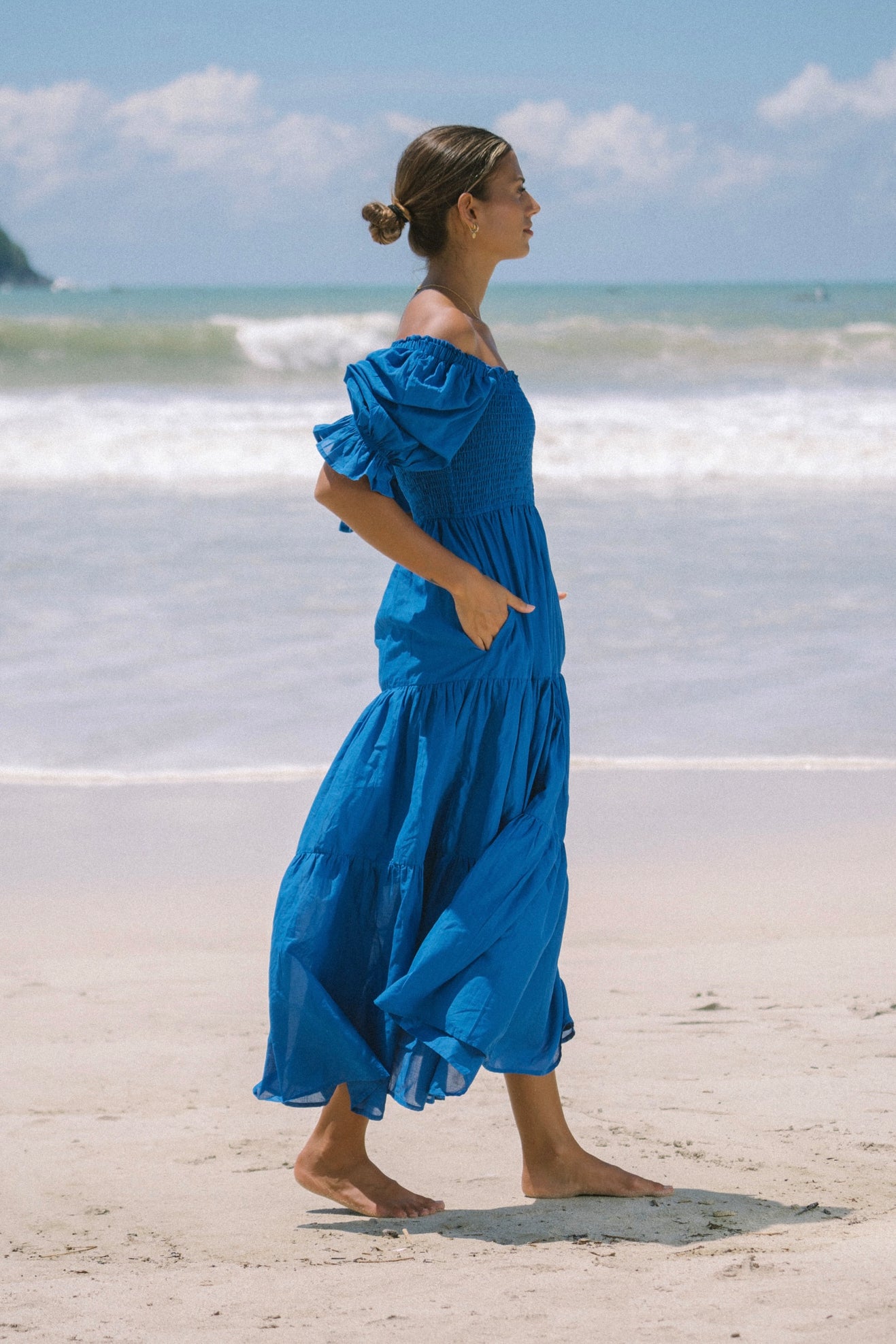 Gabrielle Blue Puff Sleeve Tiered Midi Dress