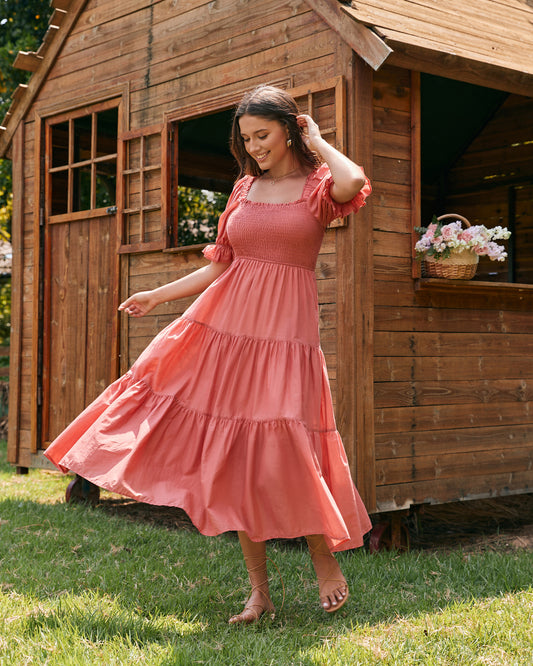 Gabrielle Terracotta Pink Puff Sleeve Tiered Midi Dress