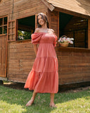 Gabrielle Terracotta 粉色泡泡袖层接中长连衣裙