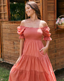 Gabrielle Terracotta Pink Puff Sleeve Tiered Midi Dress