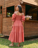Gabrielle Terracotta 粉色泡泡袖层接中长连衣裙