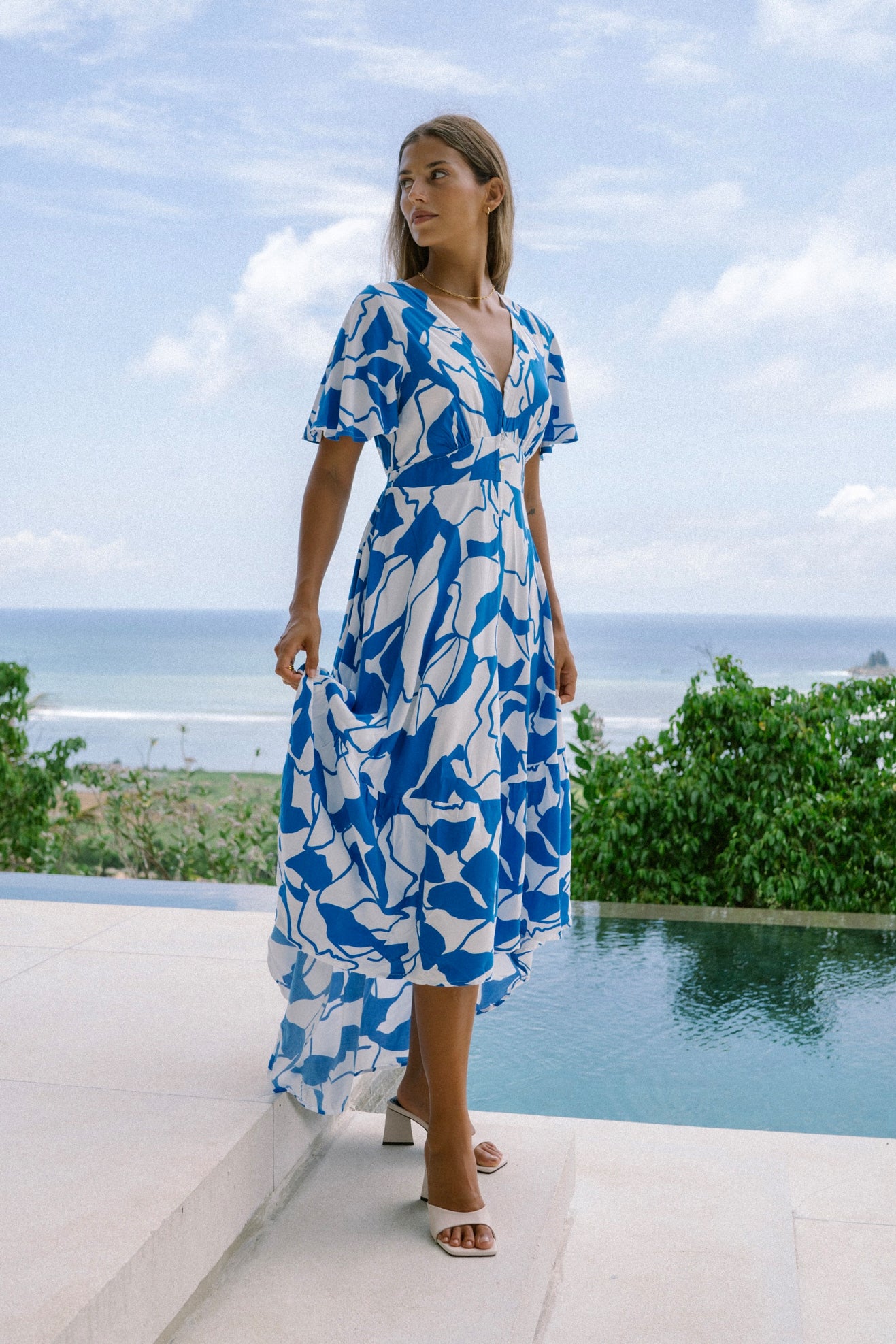 Calypso Blue Abstract High Low Maxi Dress