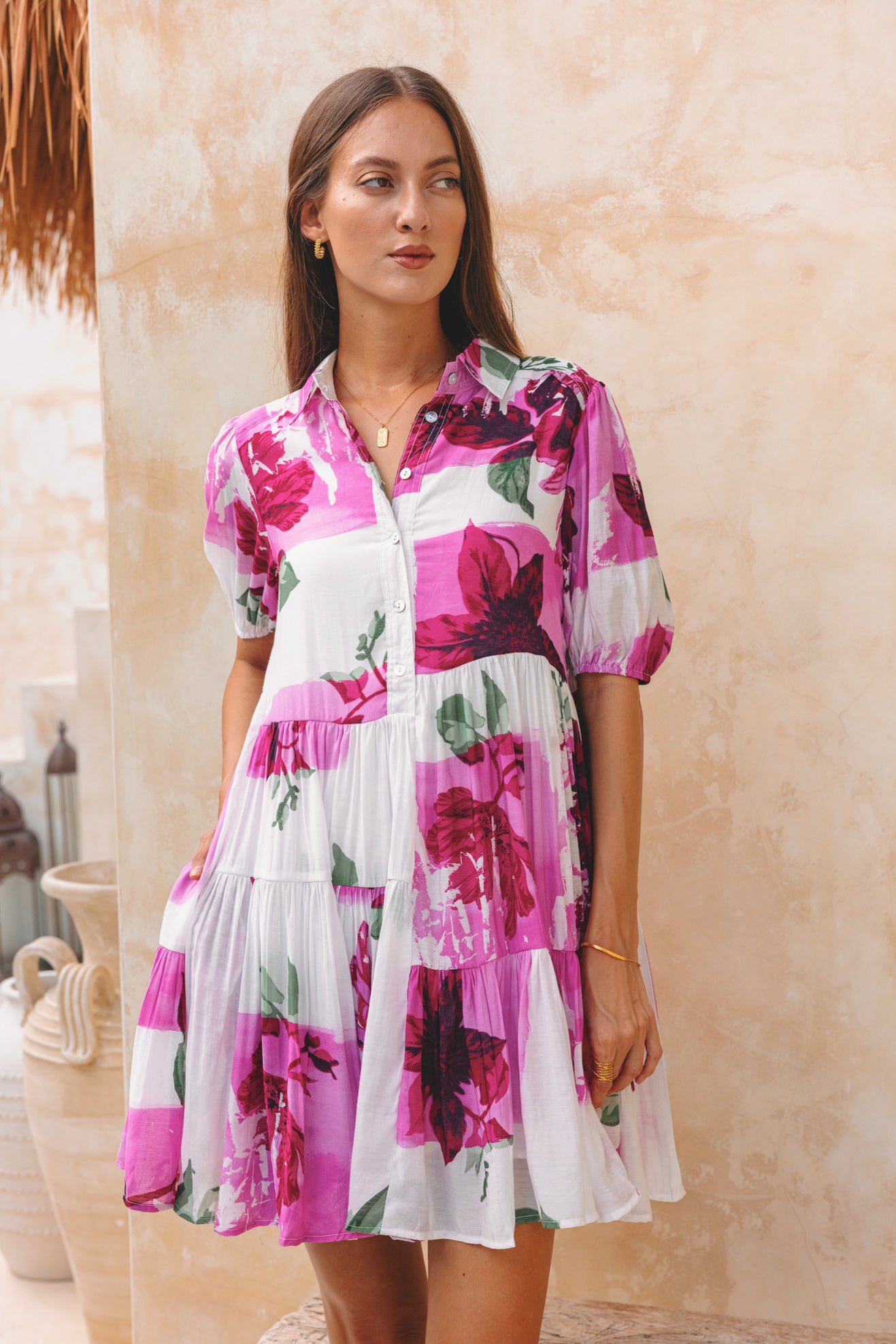 Roselyn Pink Floral Puff Sleeve Mini Dress