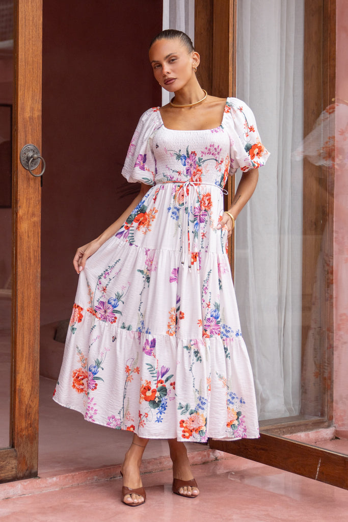 Minty Floral Puff Sleeve Midi Dress