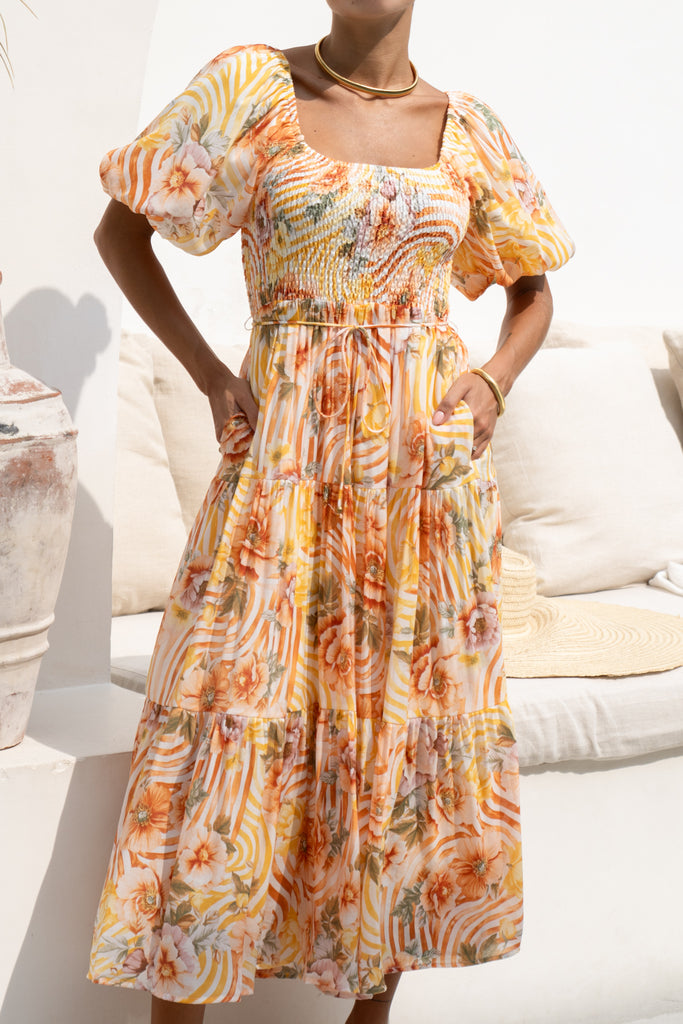 The Aurelia Botanical Puff Sleeve Midi Dress