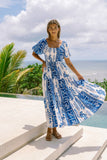 Thalyssa Blue Abstract Puff Sleeve Midi Dress