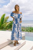 Thalyssa Blue Abstract Puff Sleeve Midi Dress