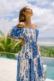 Thalyssa Blue Abstract Puff Sleeve Midi Dress