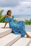 Oliana Blue Tropical Tile Puff Sleeve Midi Dress