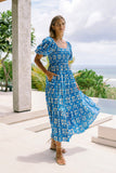 Oliana Blue Tropical Tile Puff Sleeve Midi Dress