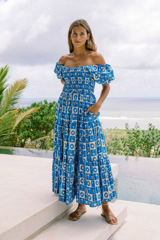 Oliana 蓝色热带瓷砖泡泡袖中长连衣裙