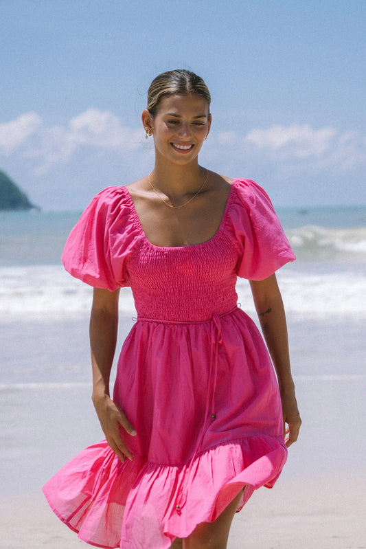 Brielle Hot Pink Puff Sleeve Mini Dress