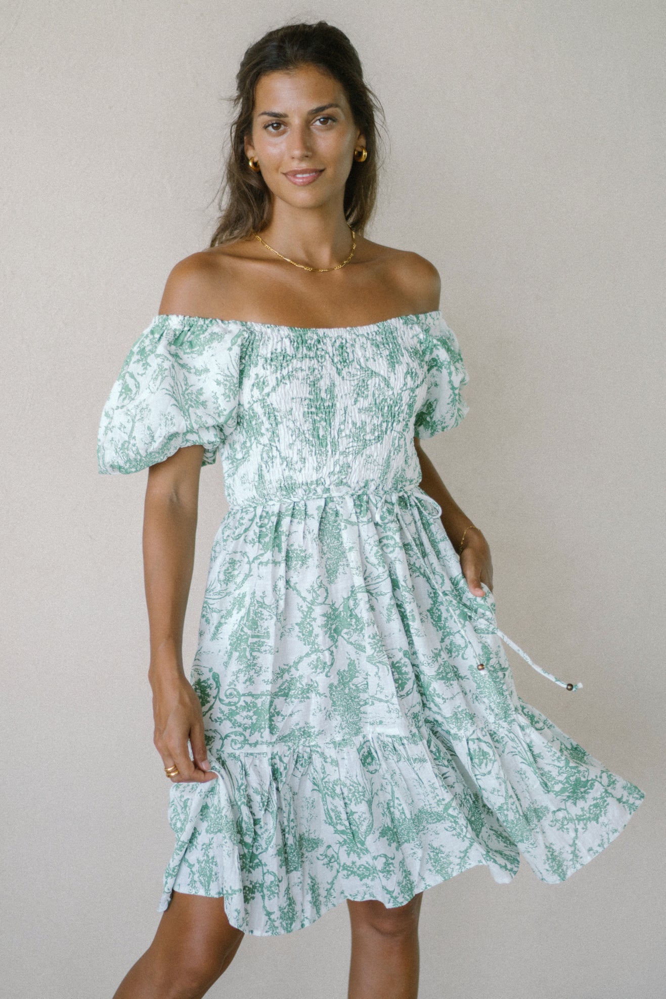 Avalira Green Floral Toile Puff Sleeve Mini Dress