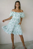 Avalira Green Floral Toile Puff Sleeve Mini Dress