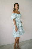 Avalira Green Floral Toile Puff Sleeve Mini Dress