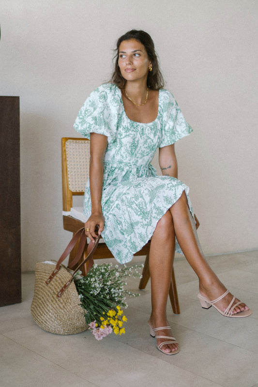 Avalira Green Floral Toile Puff Sleeve Mini Dress