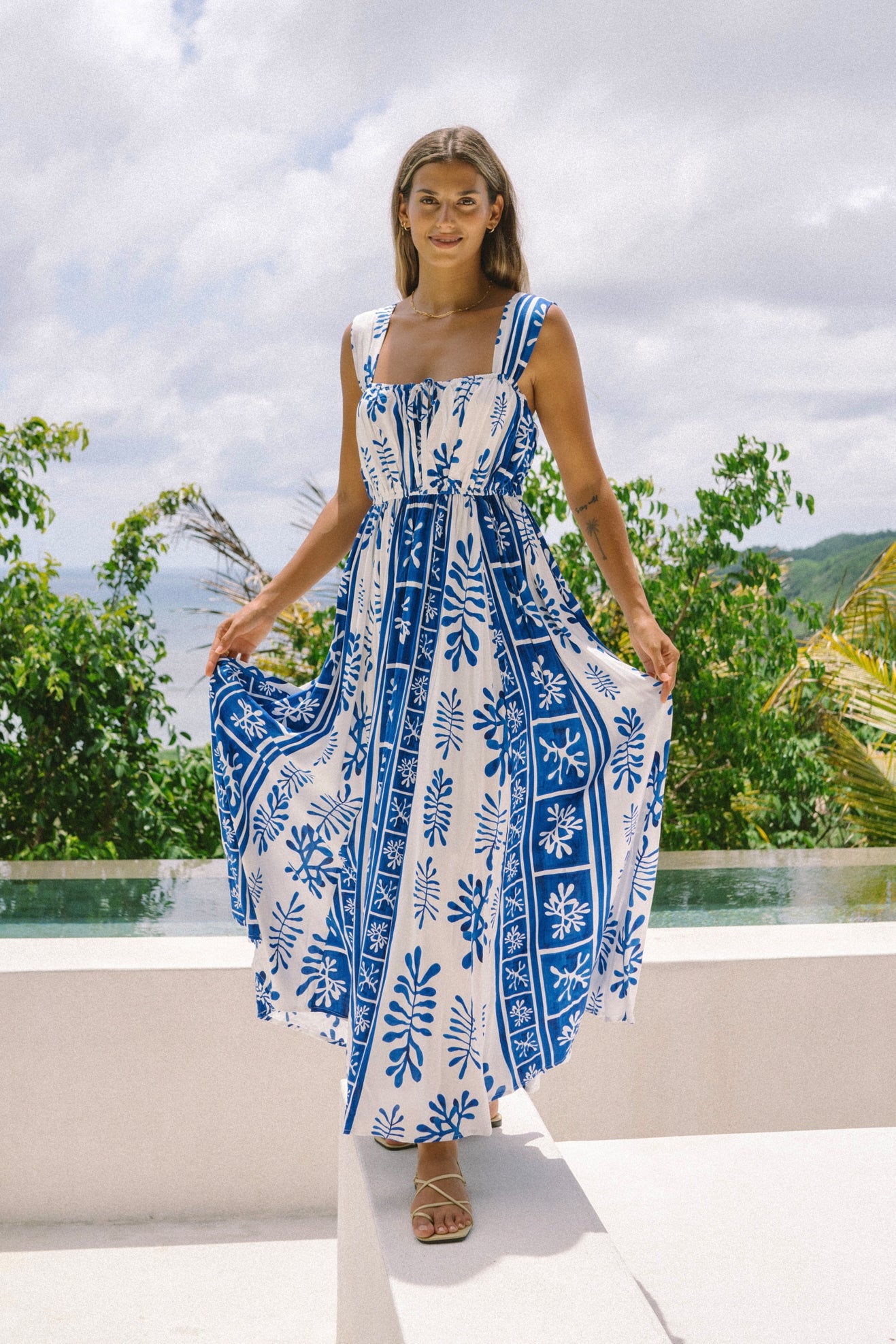 Thalyssa Blue Abstract Flared Maxi Dress