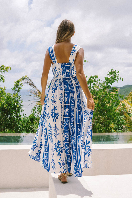 Thalyssa Blue Abstract Flared Maxi Dress