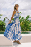Thalyssa 蓝色抽象喇叭长连衣裙