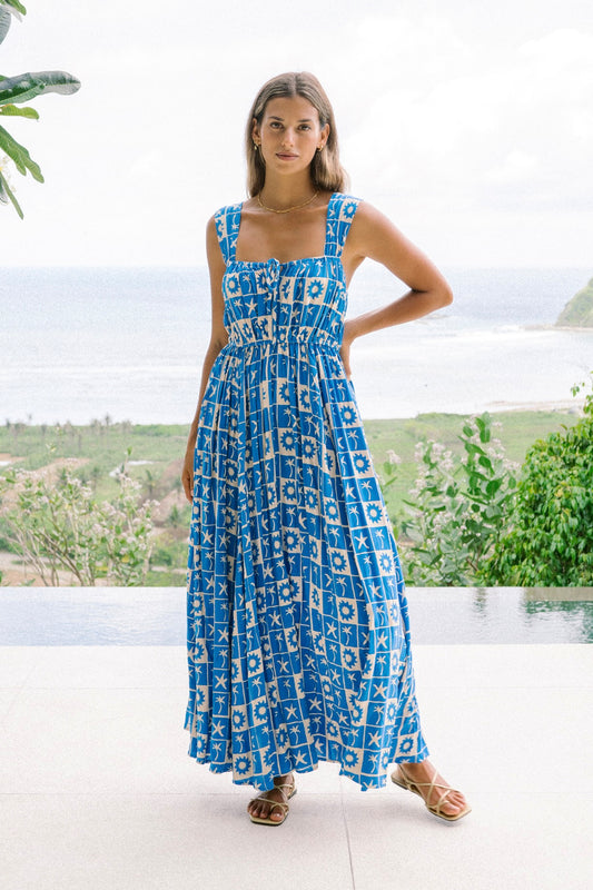 Oliana 蓝色热带瓷砖喇叭长连衣裙