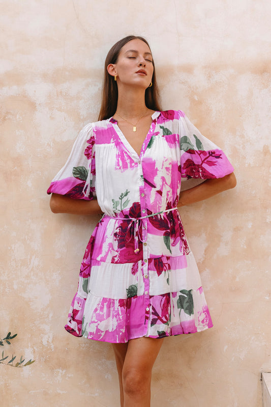 Roselyn Pink Floral Tiered Button Down Mini Dress