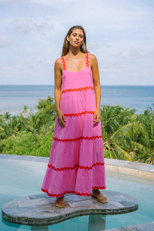 Kalliope Pink Red Ric Rac Tiered Maxi Dress