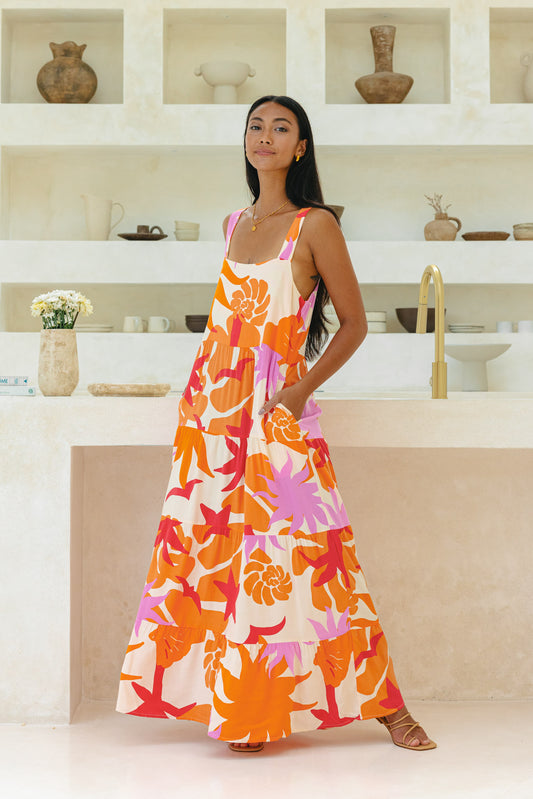 Calinda Orange Abstract Tiered Maxi Dress