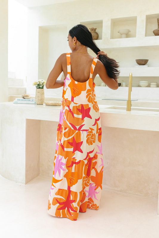 Calinda Orange Abstract Tiered Maxi Dress