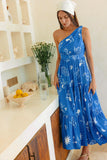 Mariselle 蓝色海洋抽象一肩中长连衣裙
