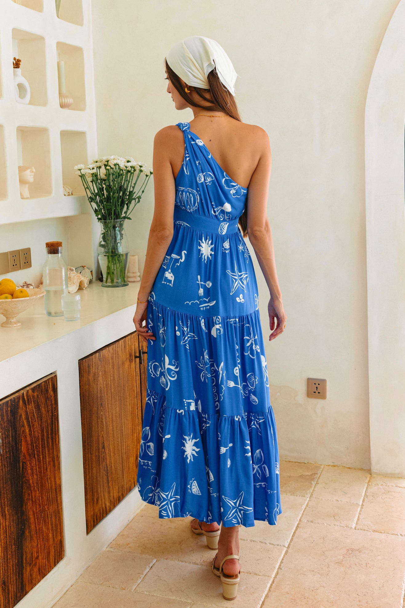 Mariselle Blue Ocean Abstract One Shoulder Midi Dress