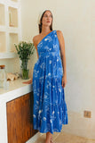 Mariselle Blue Ocean Abstract One Shoulder Midi Dress