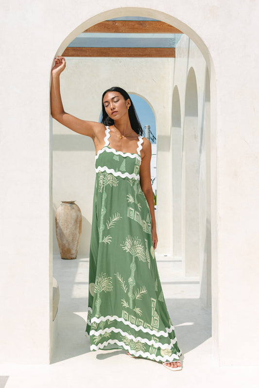 Verda Green Tropical Ric Rac Maxi Dress
