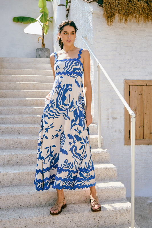 Cali Blue Abstract Ric Rac Tiered Maxi Dress