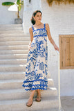 Cali Blue Abstract Ric Rac Tiered Maxi Dress