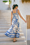 Cali Blue Abstract Ric Rac Tiered Maxi Dress