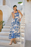 Cali Blue Abstract Ric Rac Tiered Maxi Dress