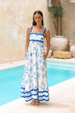 Soleia White Blue Tropical Ric Rac Tiered Maxi Dress